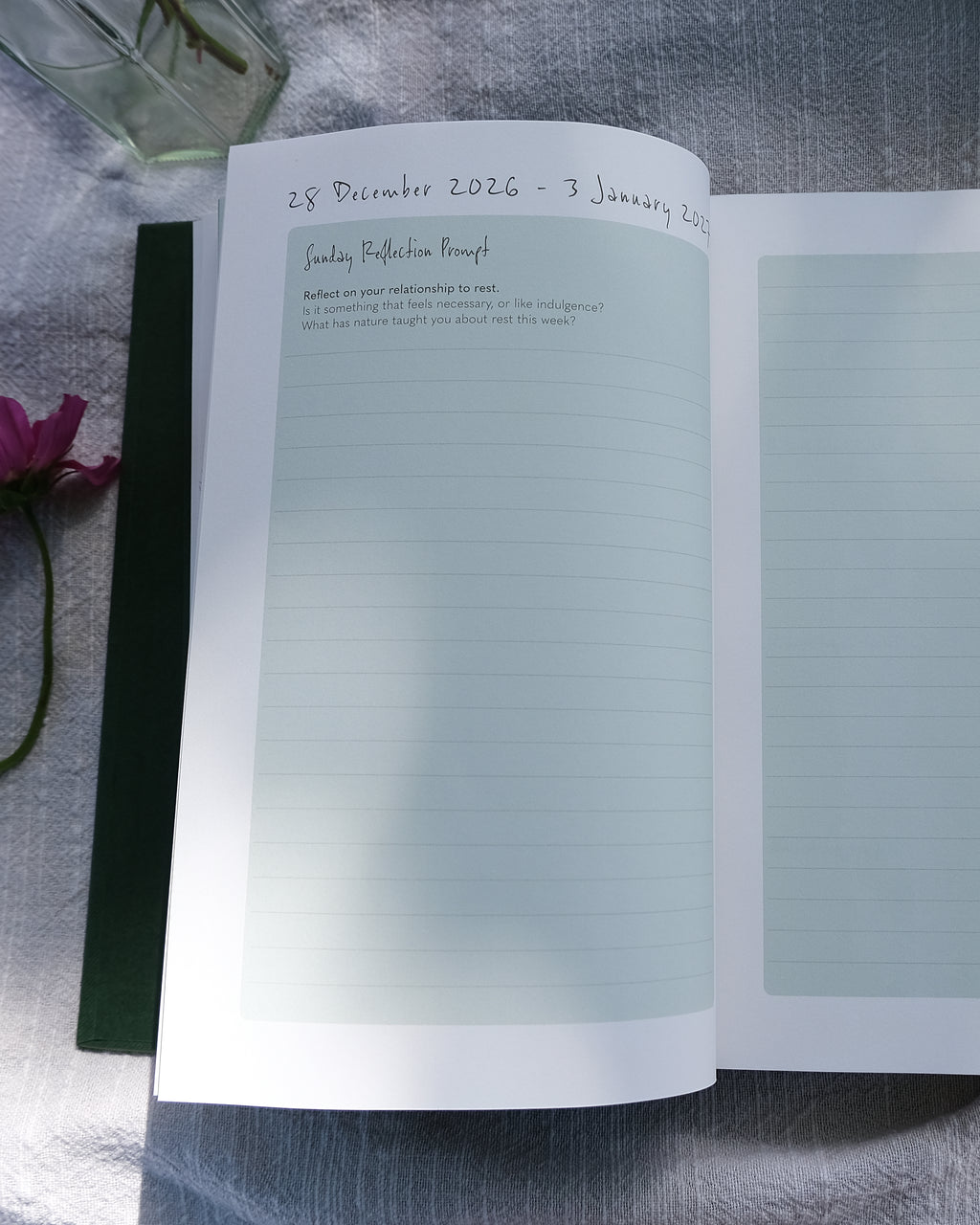 2027 nature-inspired wellbeing planner with Sunday journal prompts.