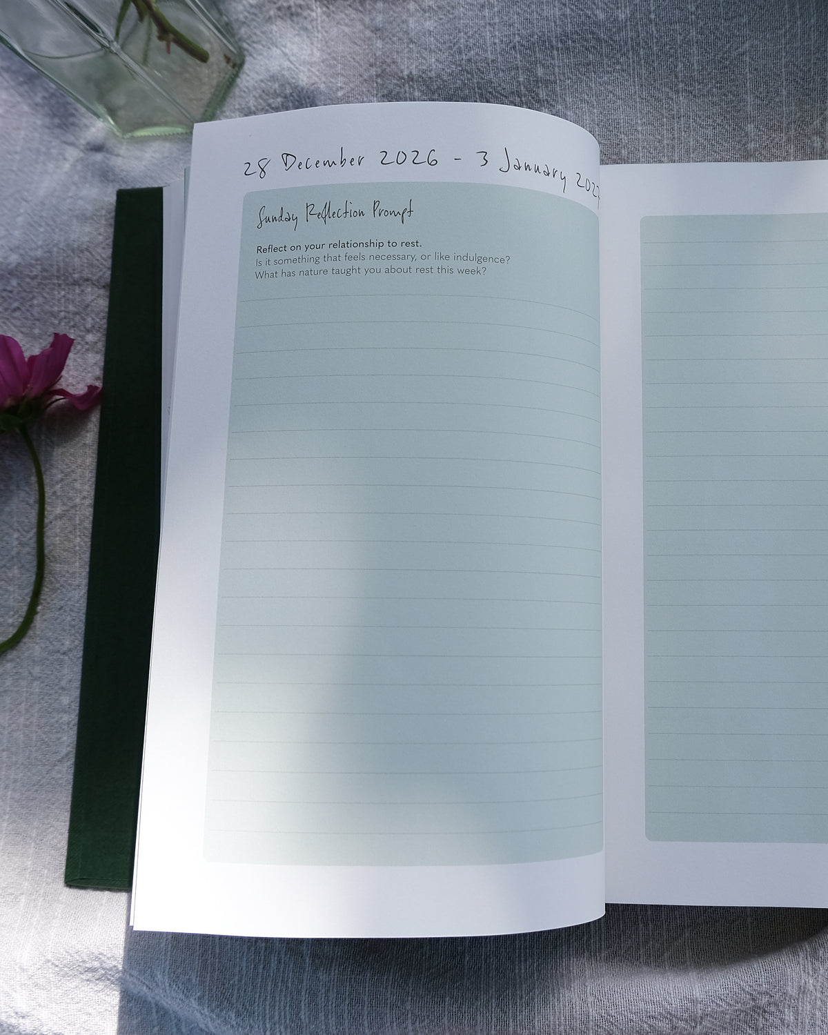 2027 nature-inspired wellbeing planner with Sunday journal prompts.