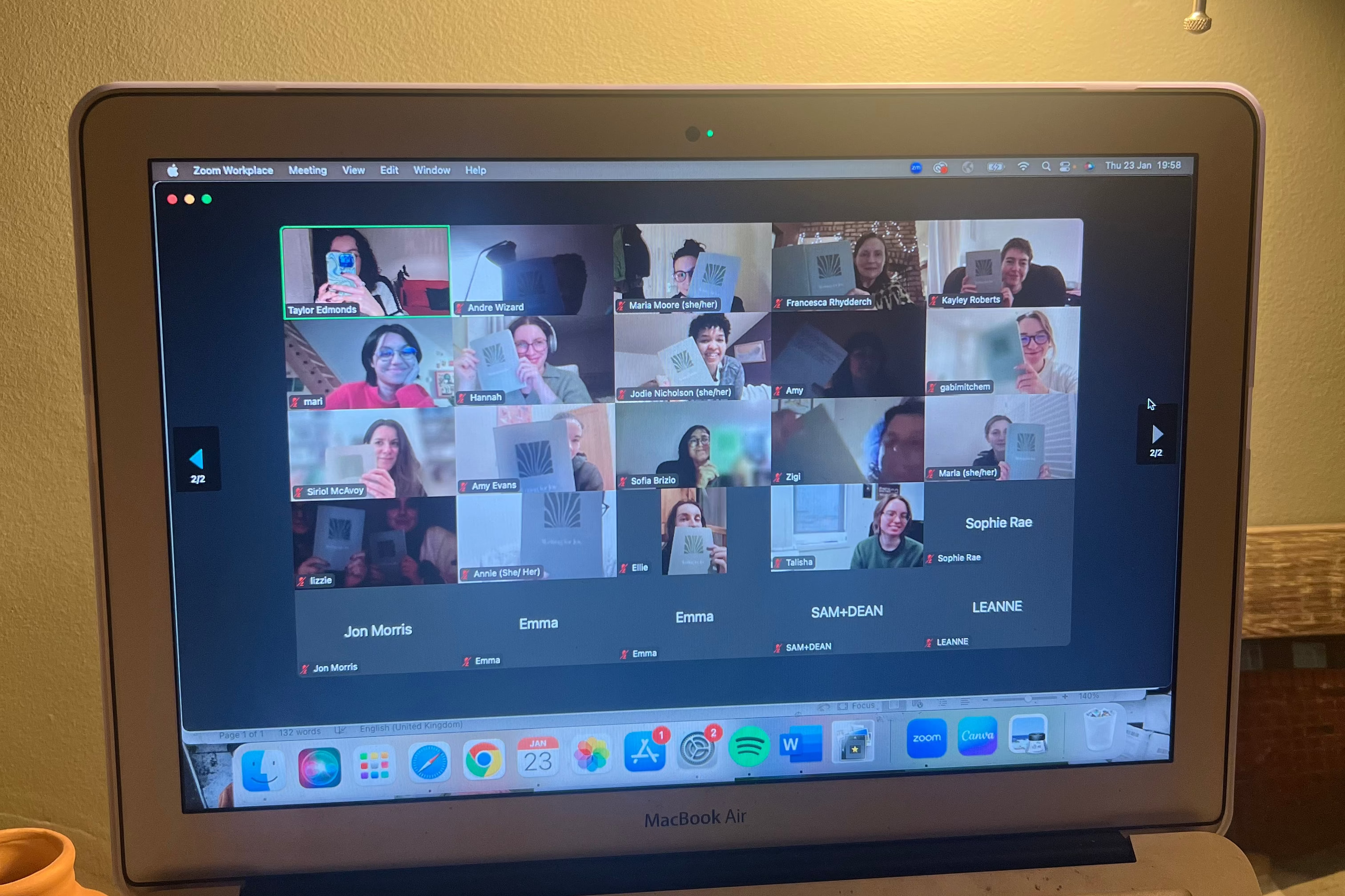 A screenshot of journal club members at Writing for Joy online journal club
