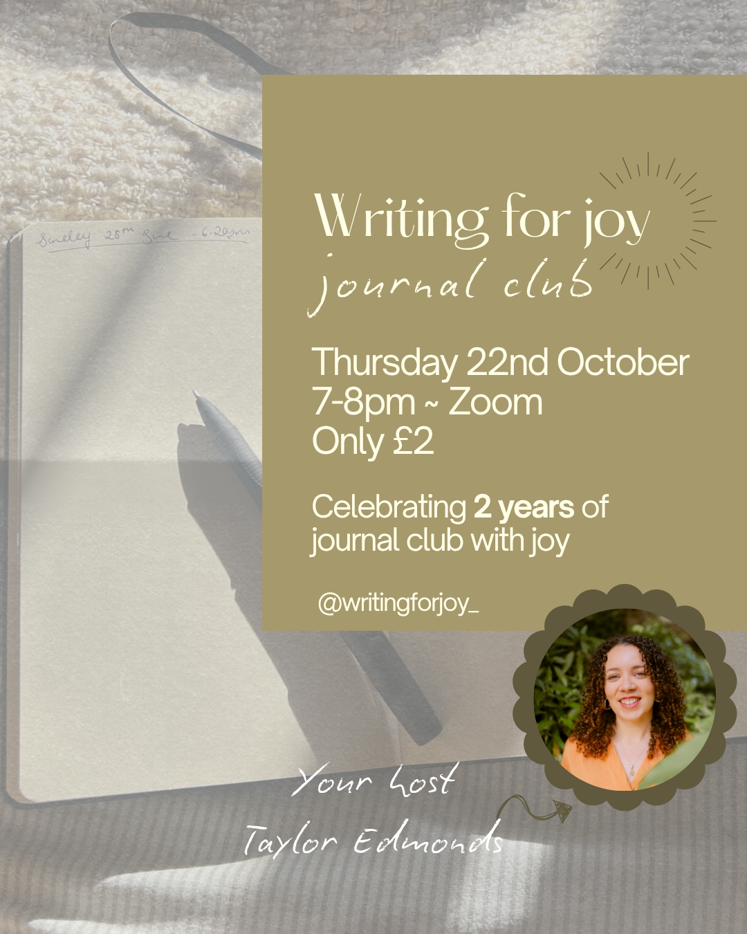Writing for Joy October journal club. Celebrating 2 years of journal club with joy. Thursday 22nd October, 7-8pm on Zoom.