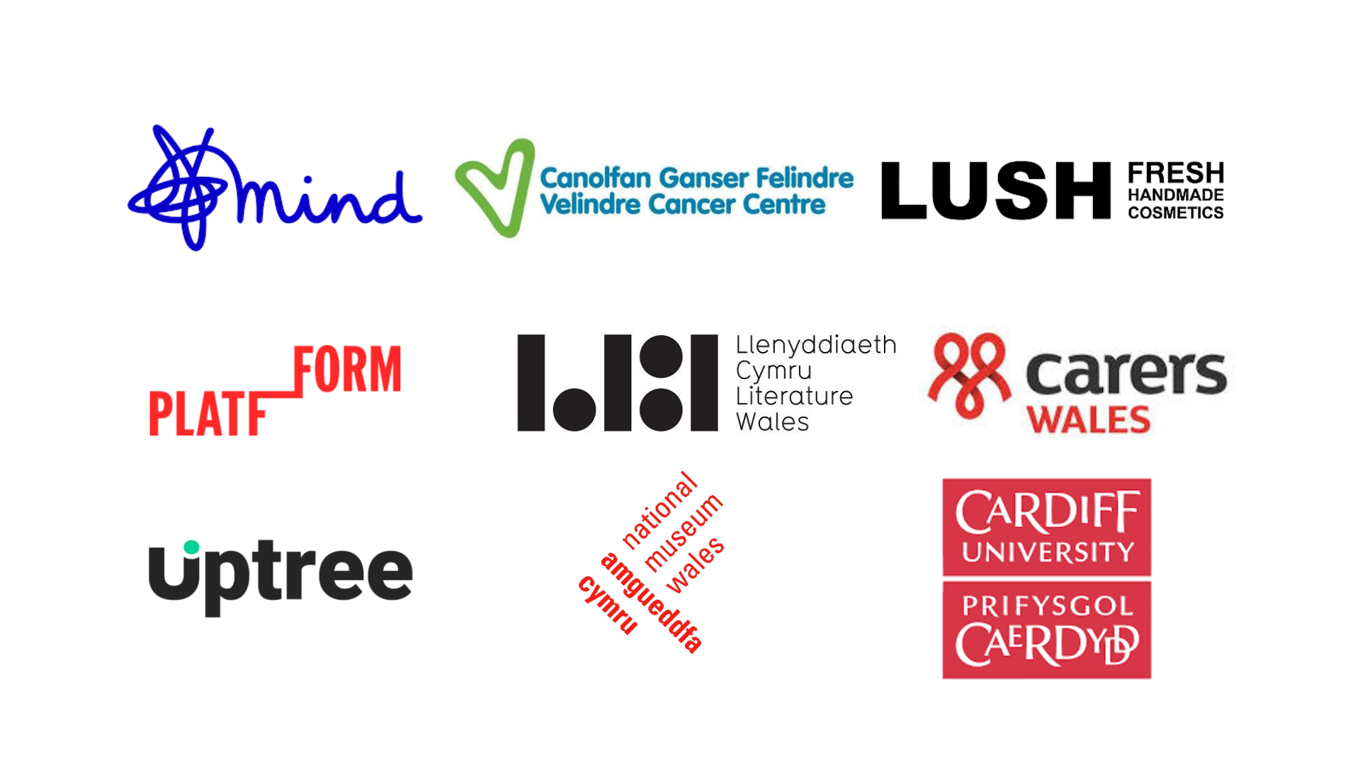 Previous Writing for Joy clients. Mind charity, Velindre cancer centre, lush cosmetics, platfform, literature wales, carers wales, upree, national museum wales and cardiff university